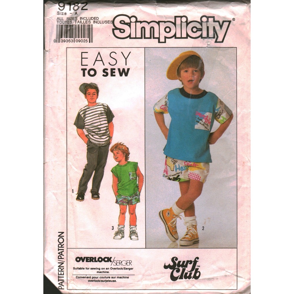 Vintage 1989‎ Simplicity 9182 Kids Surf Club Pattern Top Pants Shorts S M L